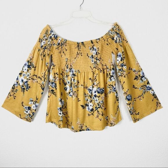 Xhilaration Tops - Xhilaration Yellow Floral Wide Sleeve Smocked Off the Shoulder Blouse Top Size S